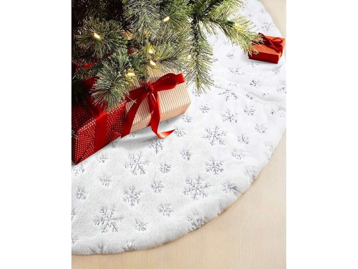 Falda Para Árbol De Navidad Con Diamantes De Imitación Plateados Y Piel Sintética Blanca, 90 Cm, Decoración Para Fiestas Navideñas.