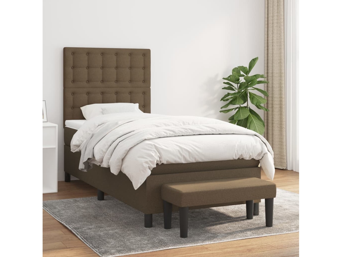 Cama Box Spring Con Colchón Tela Marrón Oscuro 90x200 Cm