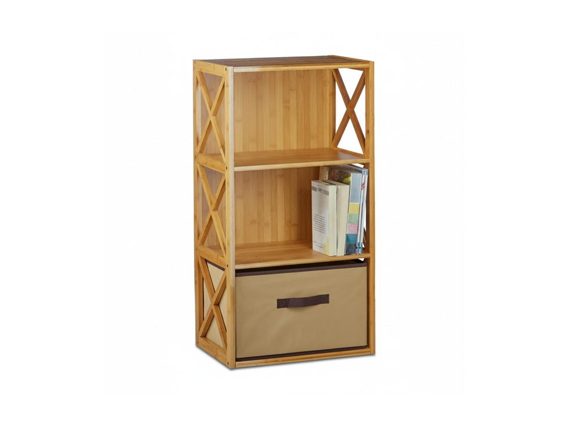 Relaxdays Estantería Con Cesta De Almacenaje, Madera, Tres Estantes, Caja Plegable, 80 X 42 X 49 Cm, 1 Ud., Marrón