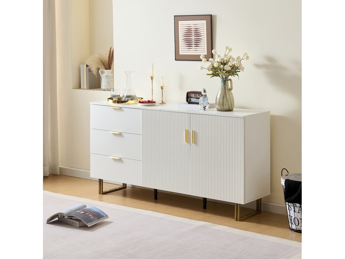 Aparador Moderno 160 Cm – 2 Puertas, 3 Cajones, Mdf, Detalles Aluminio Dorado, Patas Acero – Blanco