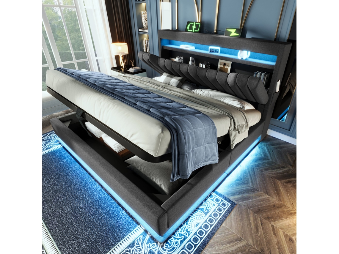 Cama Doble De 140x190 Con Cabecero Con Espacio De Almacenamiento, Usb-c, Iluminación Led Hidráulica, Color Gris Lino.