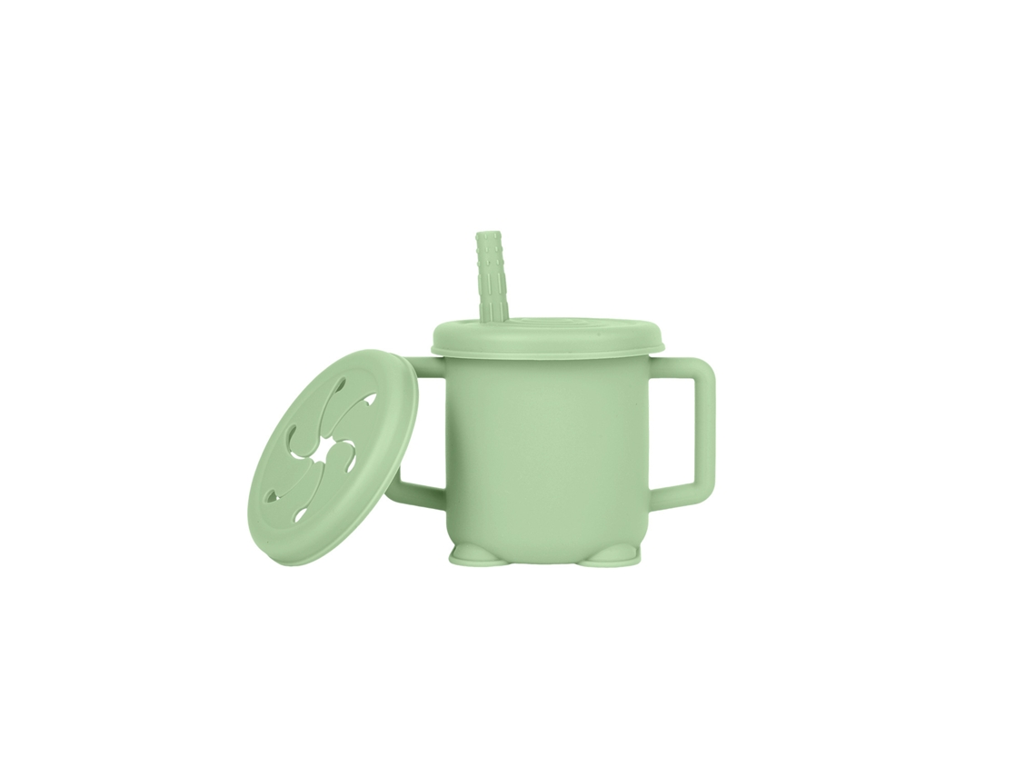 Botella de agua infantil de silicona con tapa, que también sirve como vaso para aperitivos y es resistente a las caídas. Color verde oscuro.