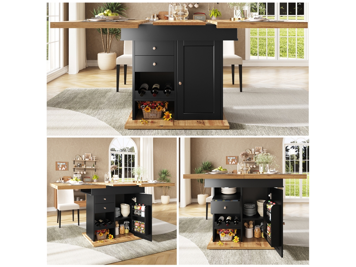 Mesa Extensible Telescópica 110-140×80 Cm - Mesa Con Estante Para Snacks Y Vino - Negro, Natural