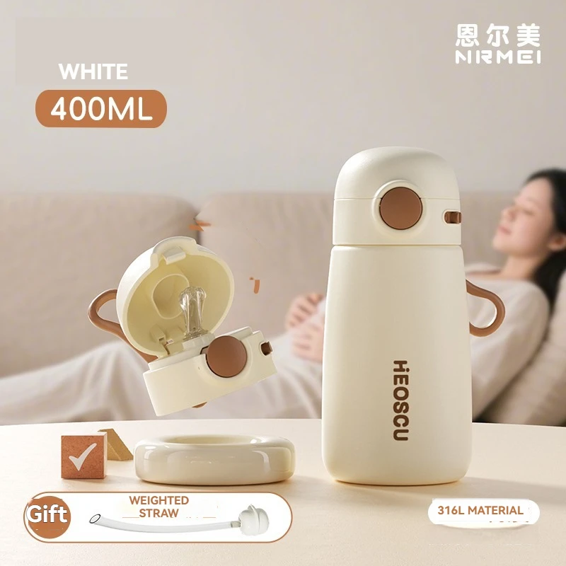 (blanco, 400ml) Termostato De Acero Inoxidable De Doble Capa, Saludable Y Ecológico, Con Pajita Y Mango, Para Madres Y Bebés