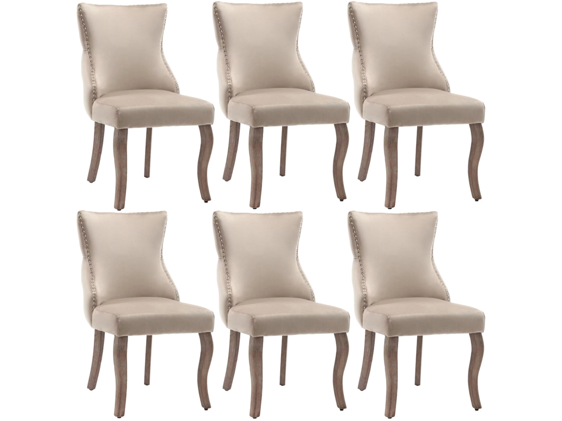 Juego de 6 sillas góndola de terciopelo con patas de madera maciza beige Mobrio