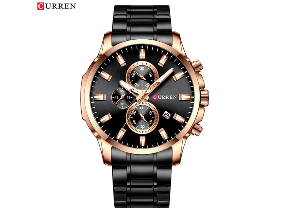 Reloj De Pulsera Moderno Para Hombre (negro Y Dorado) Resistente Al Agua, Con Seis Manecillas Y Correa De Acero Inoxidable Multifuncional.