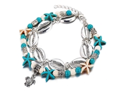 Tobillera De Doble Capa Con Colgante De Estrella De Mar, Concha Y Tortuga Para Mujer - Estilo Bohemio Veraniego