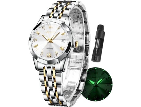 VEANXIN Reloj impermeable luminoso con diamantes de oro rosa para mujer(esfera blanca)