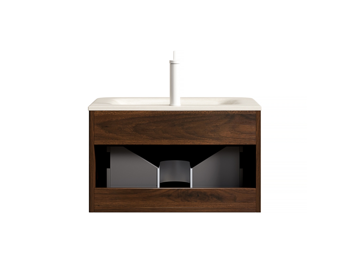 Mueble De Baño Suspendido 60 Cm Con Lavabo Piedra Sinterizada Travertino Nogal