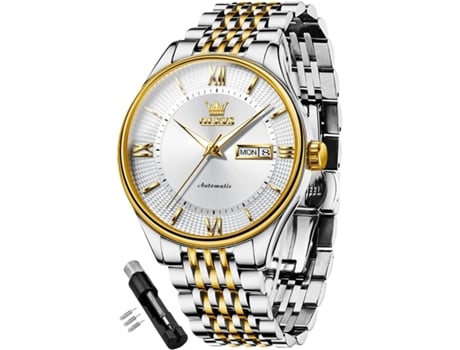 VEANXIN Reloj automático de acero inoxidable resistente al agua con calendario luminoso para hombre(esfera blanca)