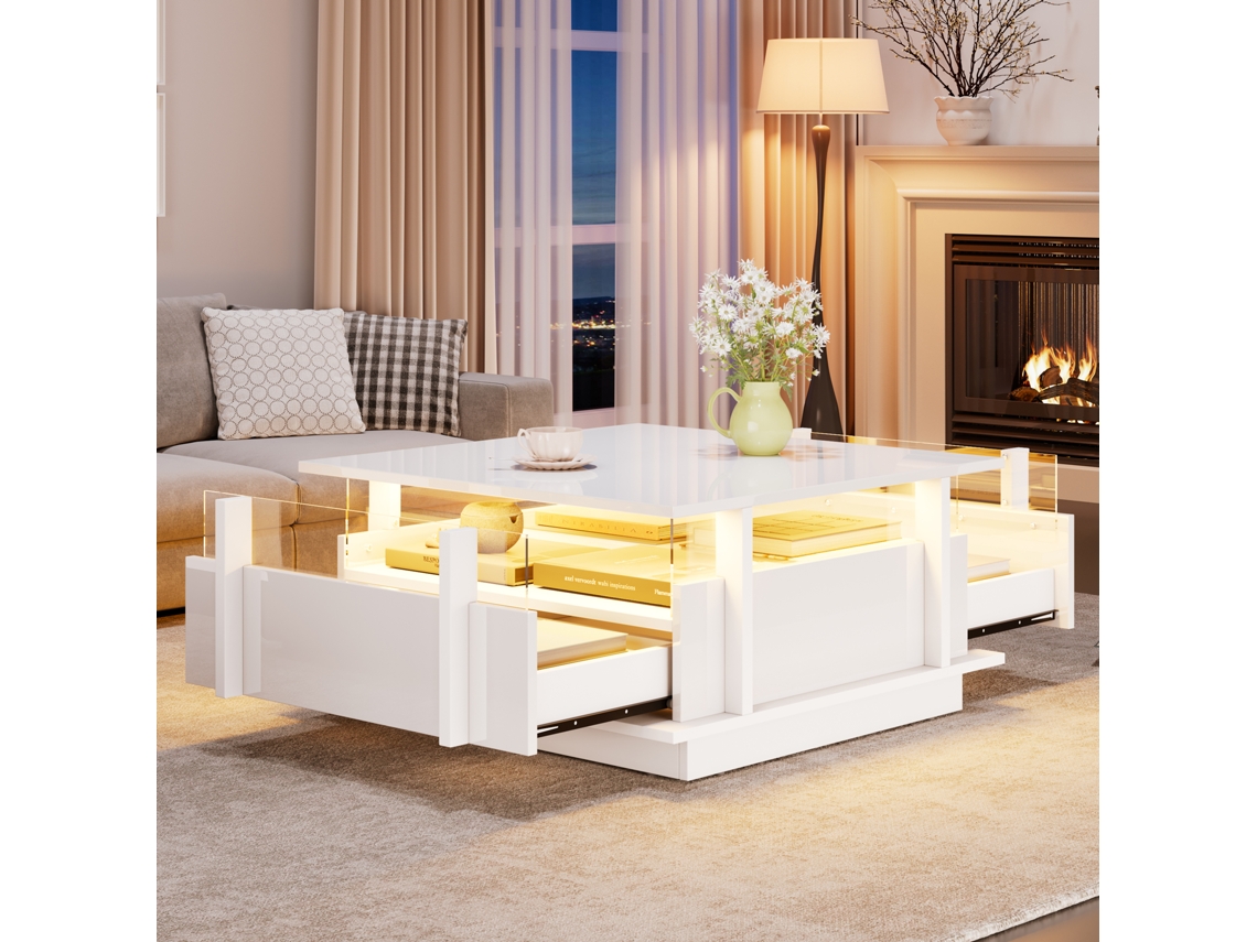 Mesa De Centro De Alto Brillo, 70x70x35 Cm, 2 Cajones, Iluminación Led, Acrílico Blanco.