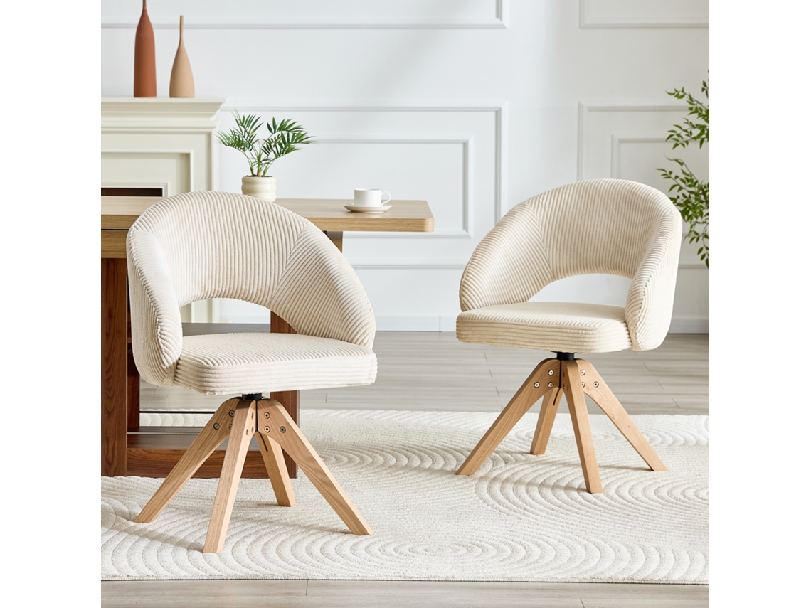 Juego De 2 Sillas Giratorias Retro, Tapizadas En Tela Blanca Con Patas De Madera.
