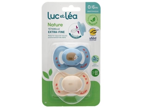LUC ET LÉA Nature 2 Chupetes Anatomiques Téterelle Extra-Fine 0-6 Mois Modelo : Erizo Azul Y Beis