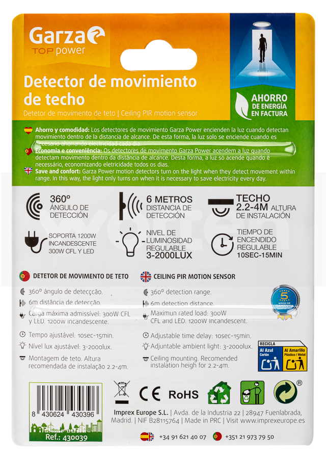 Detector Movimiento Techo garza 430039 power infrarrojos 360º blanco empotrable