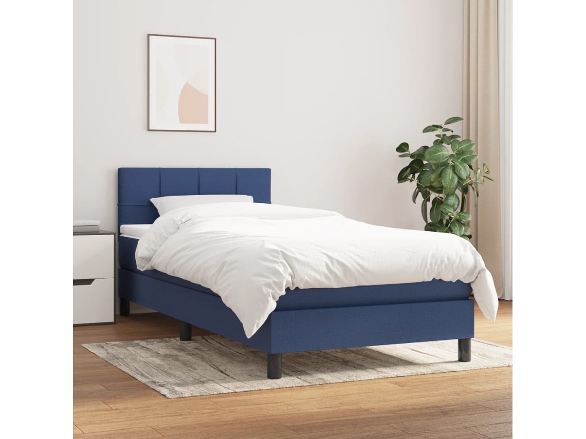 Cama Box Spring Con Colchón Tela Azul 80x200 Cm
