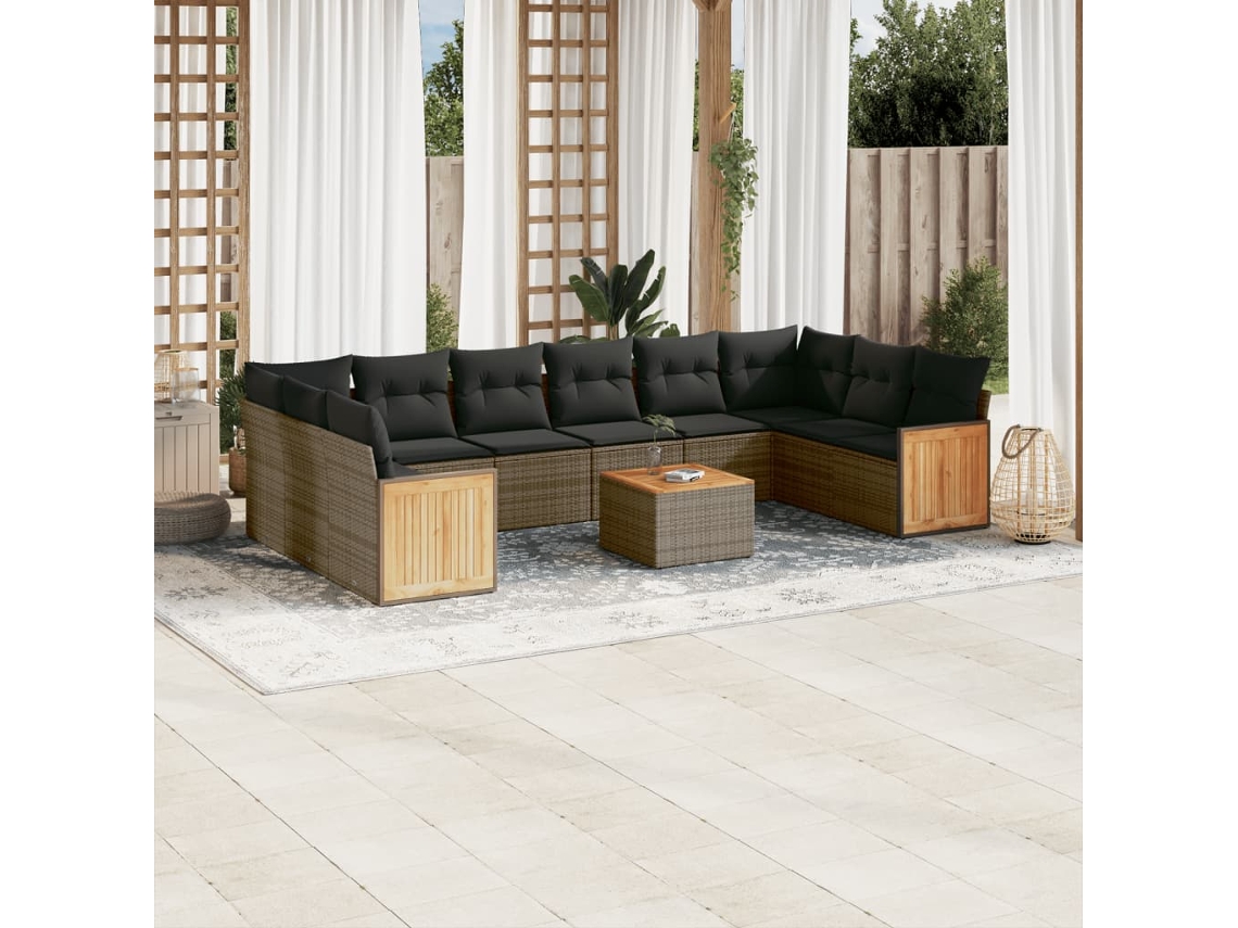 Conjunto de sofá de jardín de 11 piezas con cojines, ratán gris, DKD Home Decor