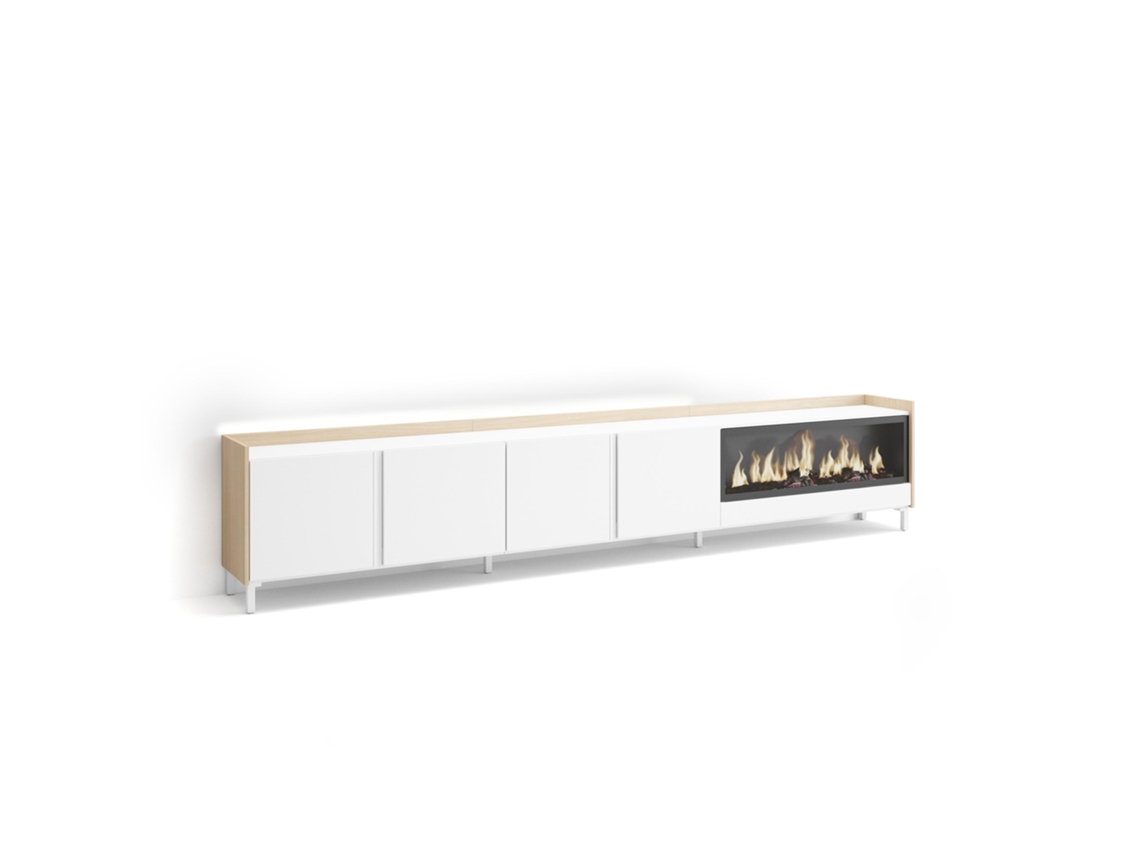 Mueble Tv, Televisión, 315x35x61cm, Para Tv Hasta 80", Chimenea Eléctrica Xxl, Diseño Industrial, Led, Blanco Y Roble Soft