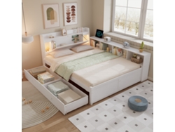 Cama Blanca Con Cabecero, Espacio De Almacenamiento, Toma De Corriente, Armarios Y Cajones.