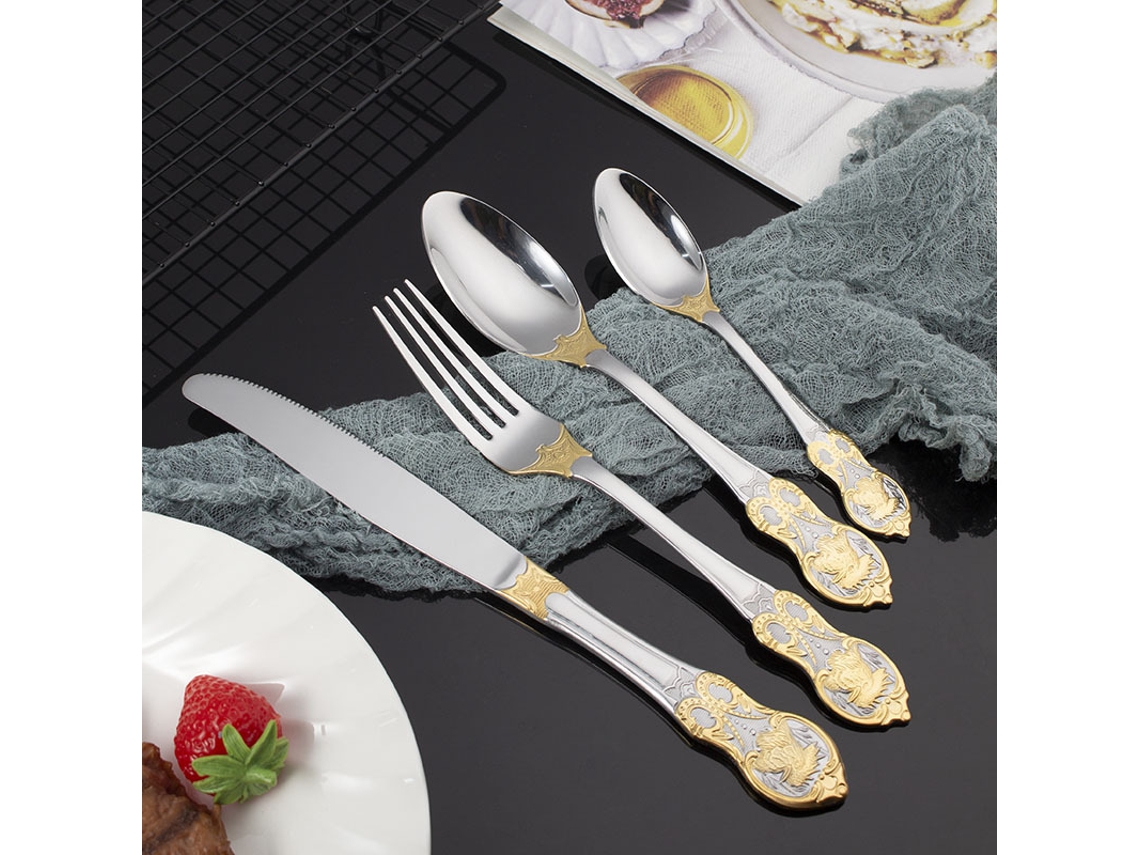 (juego De Pollo De 4 Piezas) Cubiertos De Acero Inoxidable (cuchillo, Tenedor, Cuchara) - Cubiertos Chapados En Oro Con Relieve Retro