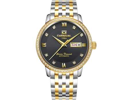 VEANXIN Reloj de pulsera automático de acero inoxidable con fecha en dos tonos y diamantes de cristal dorado-Negro plata
