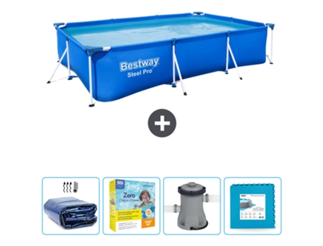 Piscina BESTWAY Rectangular Steel Pro - 300 x 201 x 66 cm - Azul - Incluida Vela solar - Paquete de mantenimiento - Bomba - Baldosas