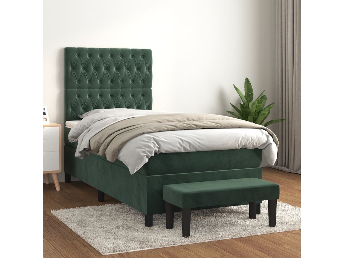 Cama Box Spring Con Colchón Terciopelo Verde Oscuro 80x200 Cm