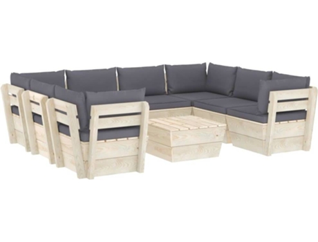 Conjunto 9 Muebles de jardín de palets VIDAXL y cojines madera de abeto