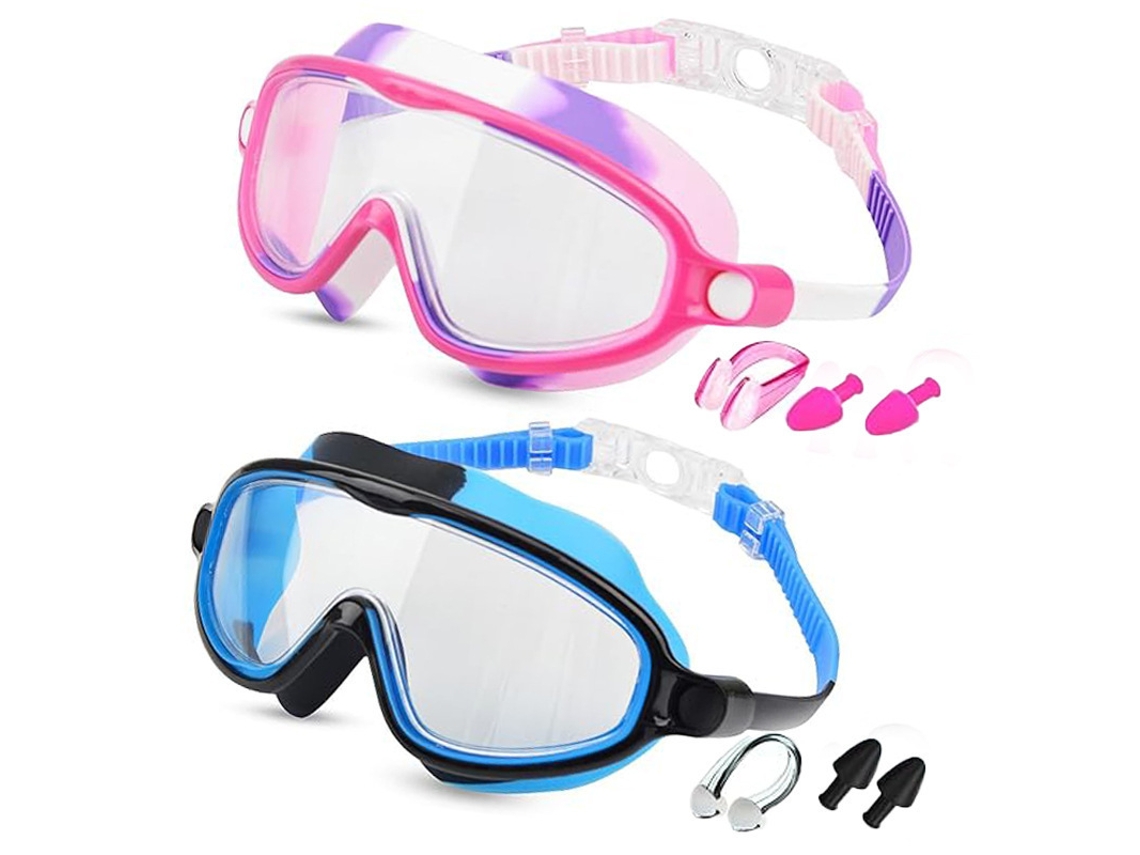 Nuevas gafas de natación con protección UV, modelo infantil 600a: camuflaje rosa + camuflaje azul (incluye pinza nasal, protectores auditivos y estuche).