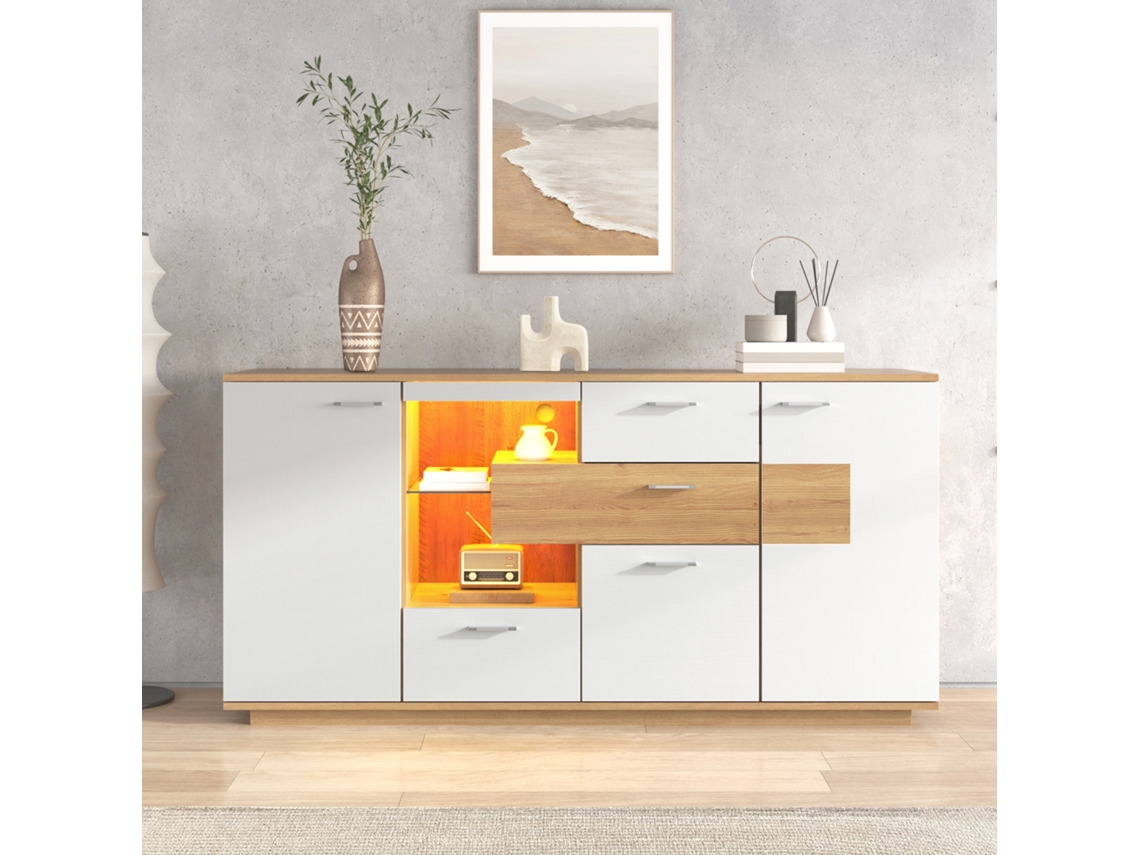 Aparador Bajo con LED, 2 Puertas y 4 Cajones, Estilo Contemporáneo, Blanco y Natural