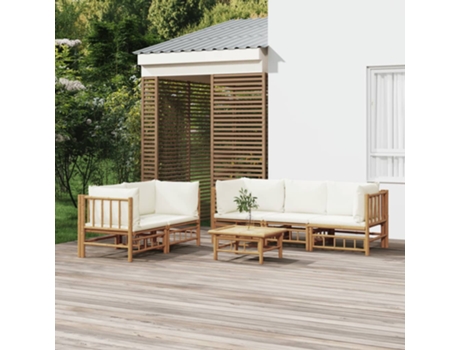 Conjunto 6 de muebles de jardín VIDAXL bambú y cojines blanco crema