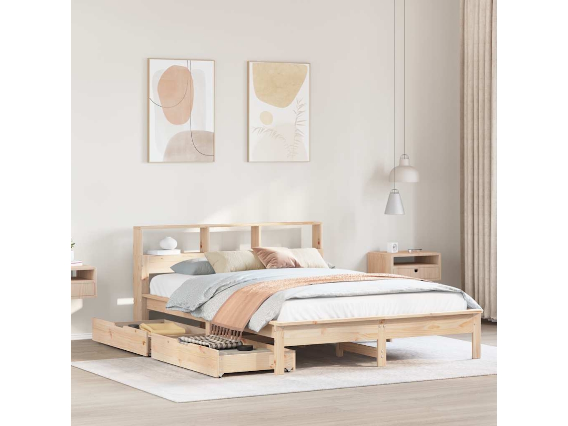 Cama Con Estantería Sin Colchón Madera Maciza De Pino 135x190cm