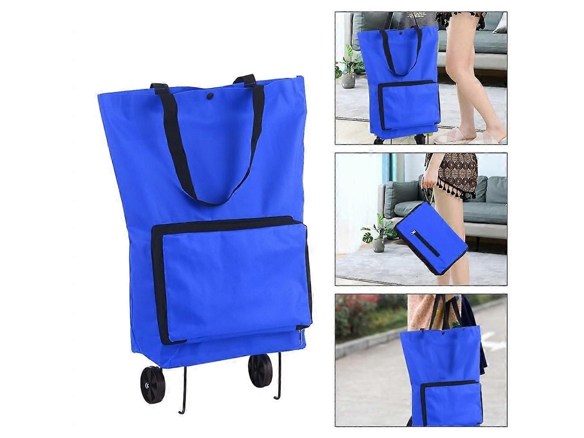 Carrito de compra plegable con ruedas, reutilizable, para ir de compras y viajar, azul. GOKOCO