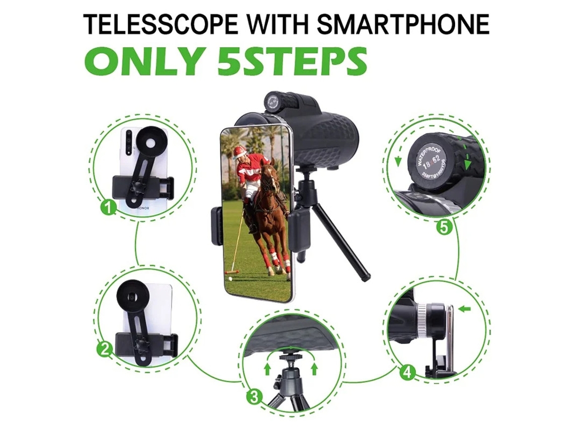 Telescopio monocular portátil HD de 18,62 mm con trípode, soporte universal para smartphone, equipo de senderismo para adultos, prisma Yizhood
