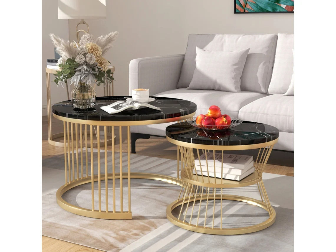 Mesas De Centro Nido, Lote De 2, Tablero Con Efecto Mármol Negro, Estructura Negra, Diseño Moderno Para Salón, 70/45cm