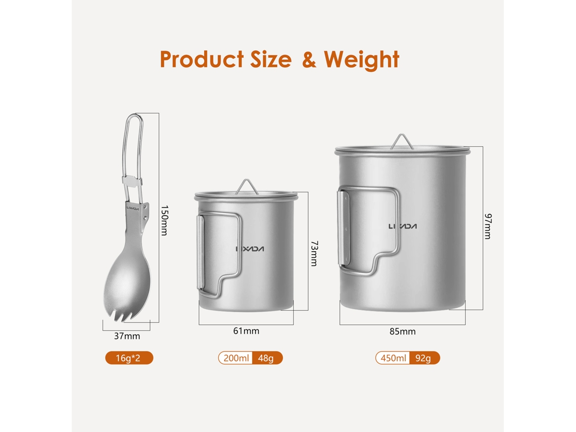Juego De Vasos De Titanio Para Camping (200 Ml Y 450 Ml) Con Tapa Y Tenedor/cuchara Para Camping, Senderismo Y Viajes.