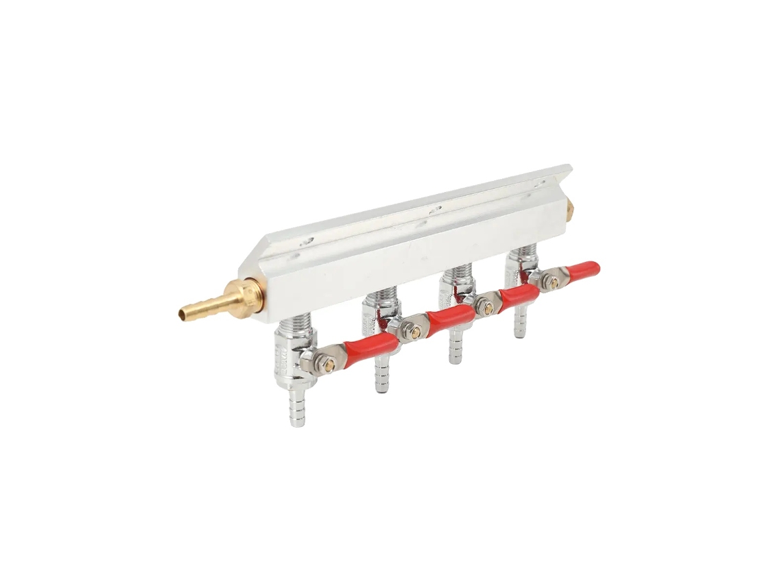 Colector de gas, configuración de 4 vías, válvula de retención integrada, como se muestra en la imagen.