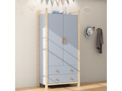 Armario de 90x45x180 cm - Con barra para colgar ropa, 2 cajones, para dormitorio, salón o recibidor - Azul + Pino
