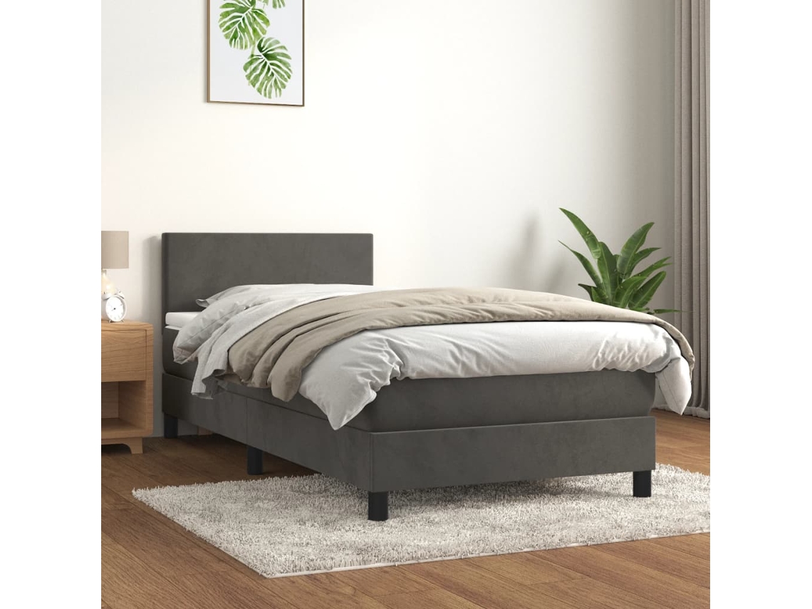 Cama Box Spring Con Colchón Terciopelo Gris Oscuro 100x200 Cm