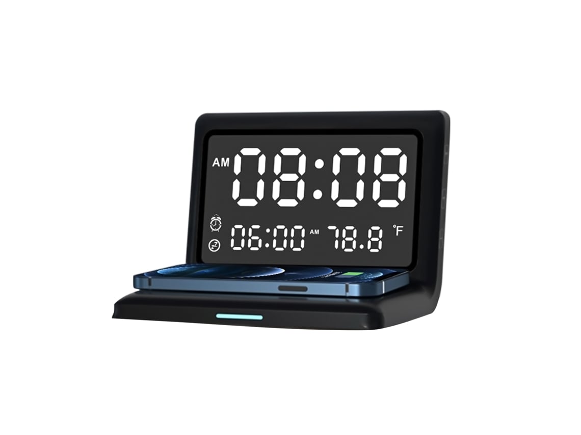 Reloj despertador digital Baok con carga inalámbrica, 15W, ajustable, de tela, con carga USB para escritorio de oficina.