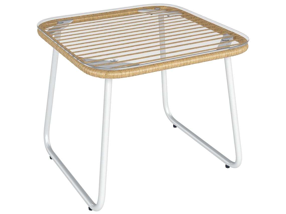 VPMKP - Outsunny mesa de jardín exterior de ratán sintético con tablero de vidrio templado, patas ajustables, auxiliar para patio y terraza, 50x50x44 cm madera/blanca