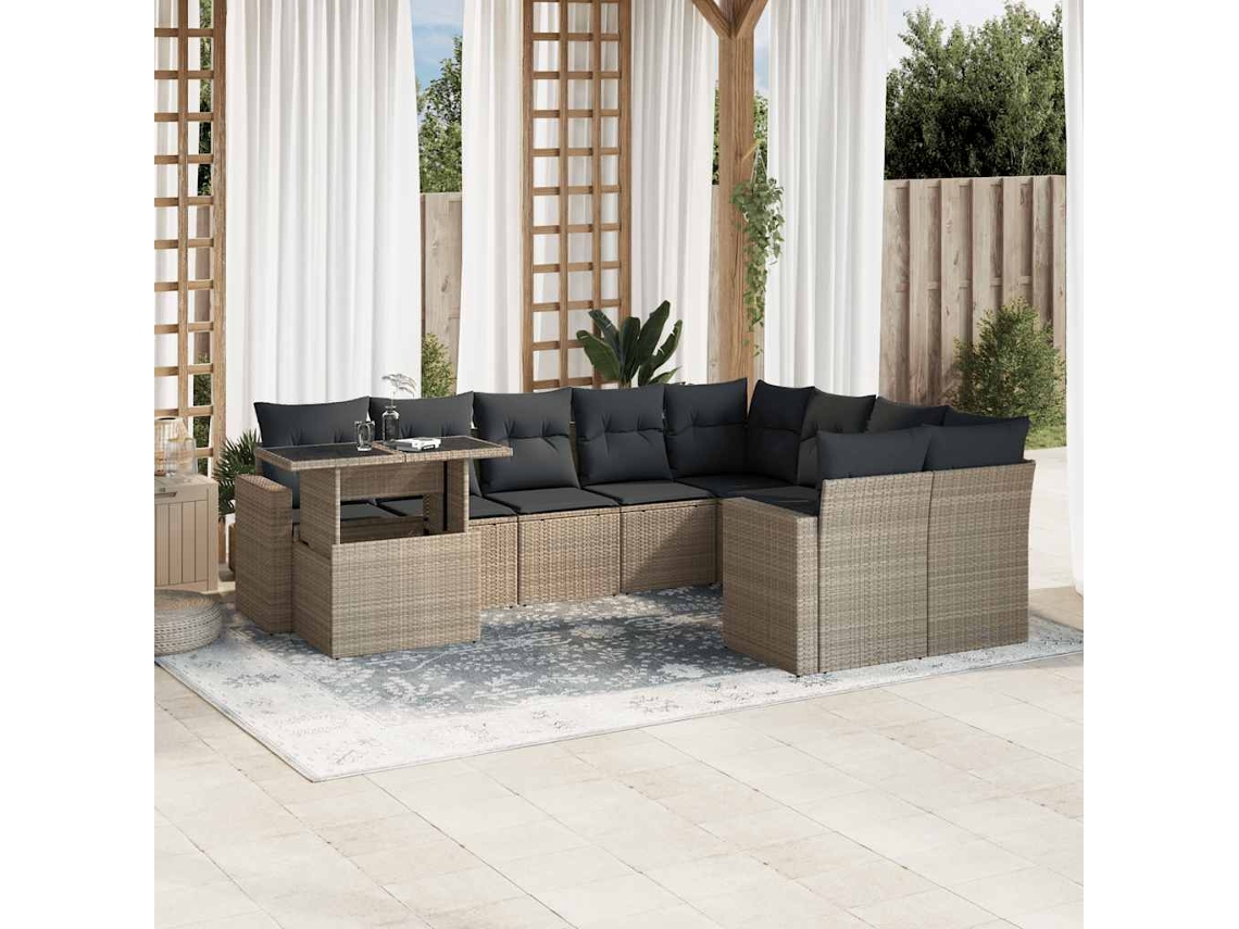Conjunto de sofá de jardín de 10 piezas con cojines en mimbre gris claro de DKD Home Decor