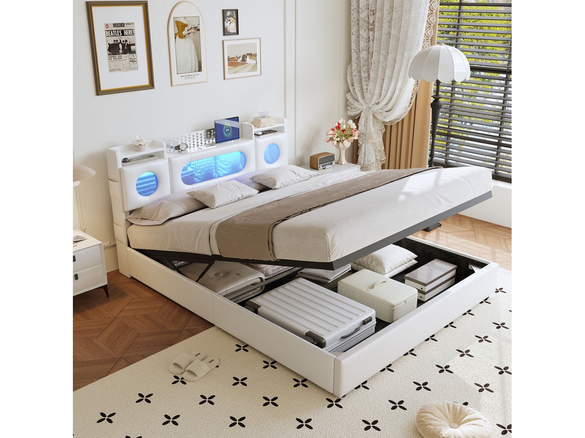 Cama De Matrimonio 160x200cm Con Almacenamiento, Cama Moderna Blanca De Gas Con Luz Led Rgb, Carga Usb/type-c, Pu Y Lino, Cama Para Dormitorio Moderno