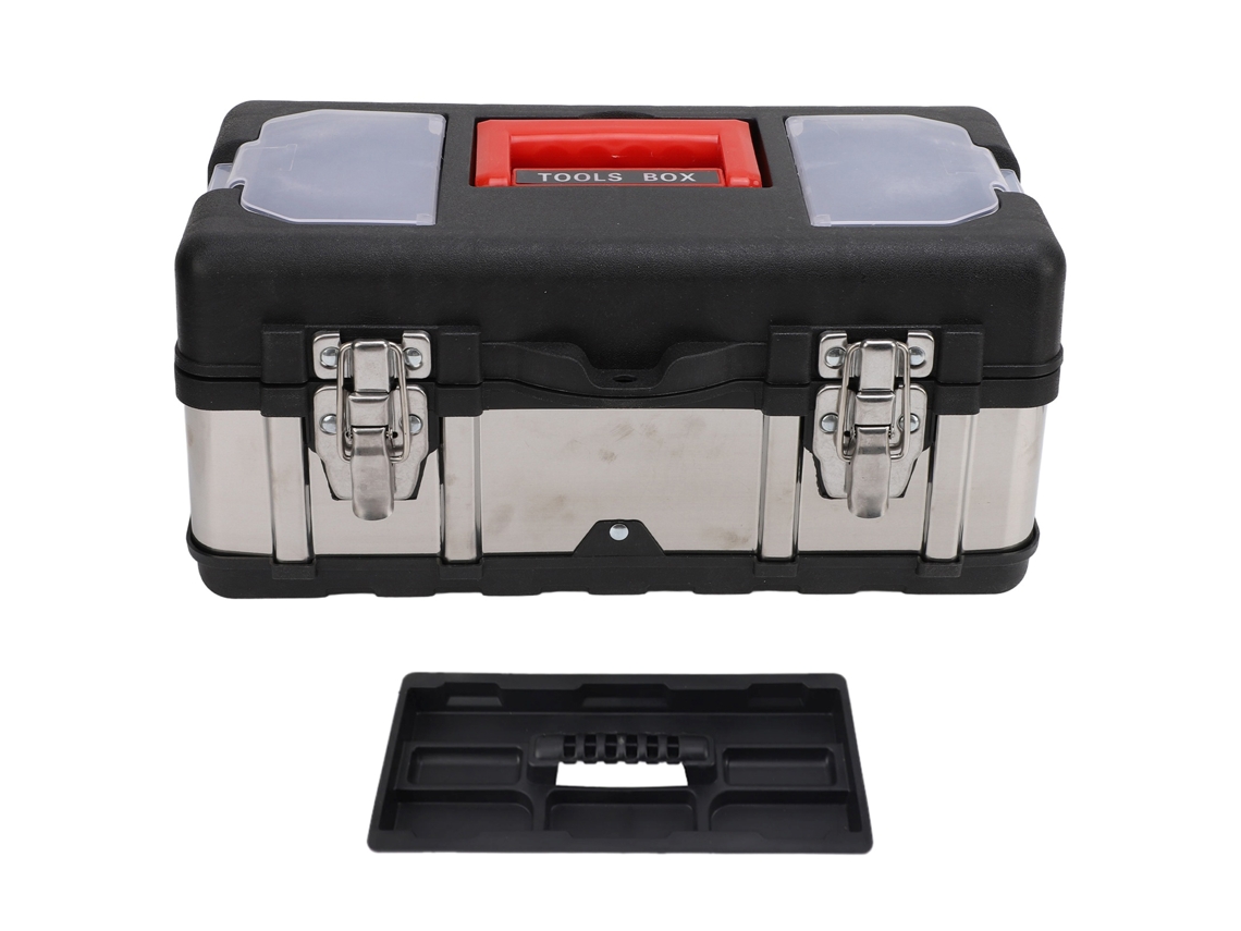 Caja De Herramientas De Acero Inoxidable De 14 Pulgadas Con Estante Extraíble Y Cierre Para Reparaciones De Automóviles Y Del Hogar.