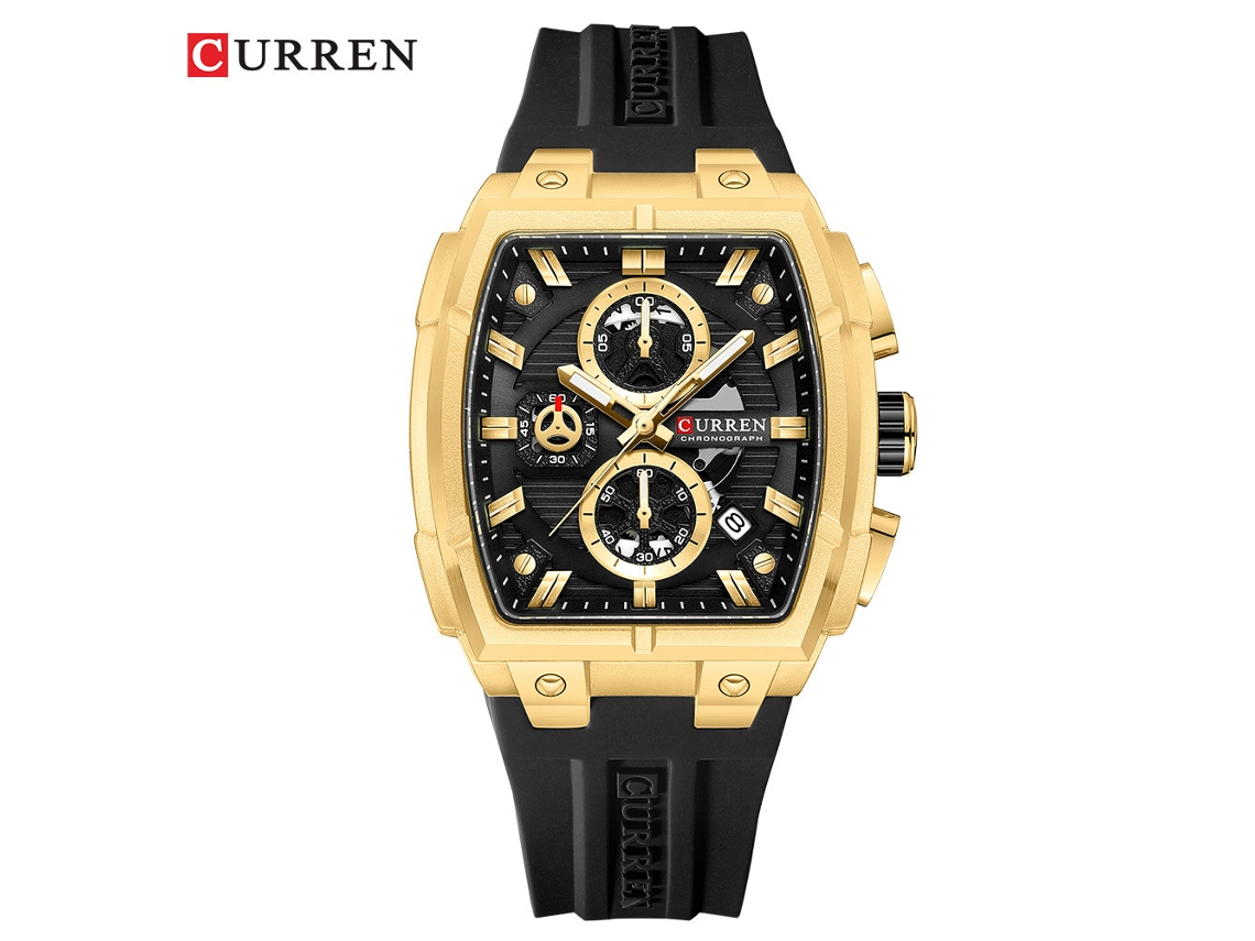 Reloj Cronógrafo De Seis Agujas Estilo Tonel, Elegante Y Multifuncional (correa Negra, Caja Dorada, Esfera Negra).