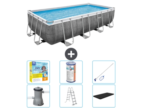Piscina BESTWAY Rectangular Power Steel - Estampado Ratán - 488 x 244 x 122 - Incluida Bomba - Escalera - Cobertor Accesorios CB36