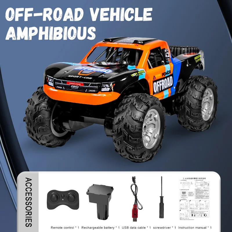 (naranja) Coche De Control Remoto 4x4 Anfibio Camión Corto Vehículo Todoterreno Control Remoto Inalámbrico 2.4g