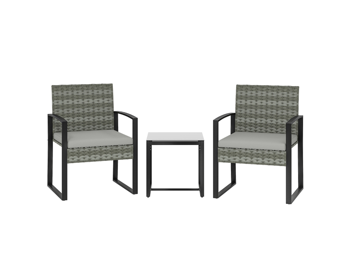 Set De Bistró De Ratán De 3 Piezas, 2 Sillas De Jardín Y Mesa Baja, Cojines Desmontables, Gris Claro