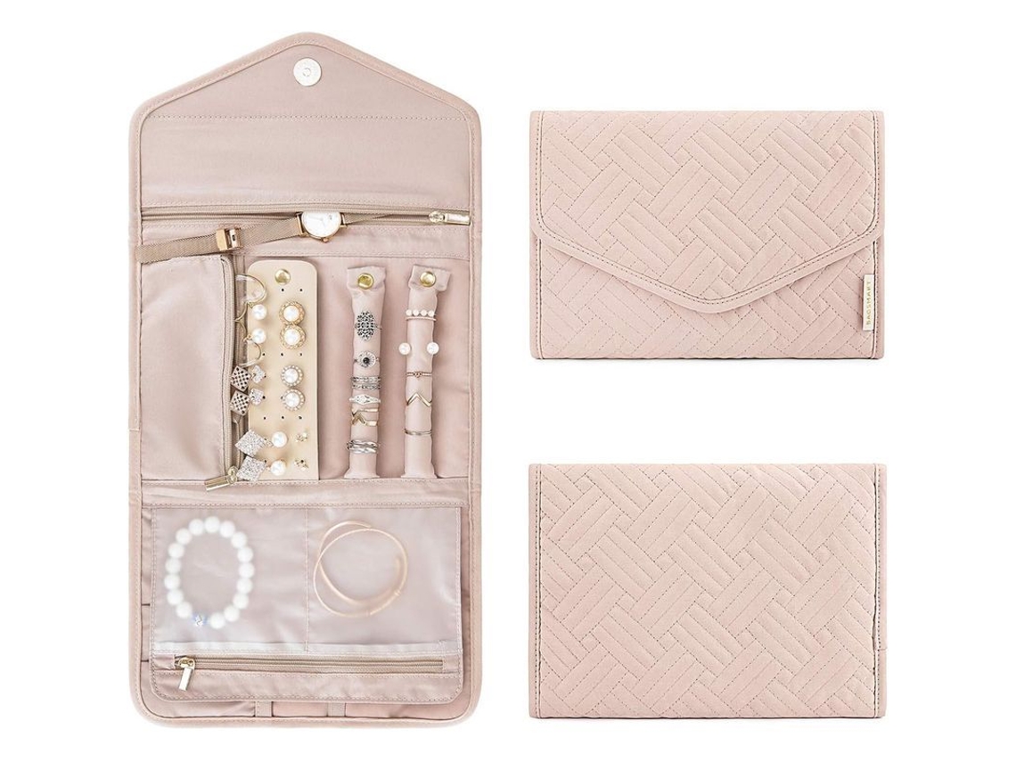 Organizador De Joyería Plegable Para Viajes, Material Suave, Rosa Claro, 5 Compartimentos