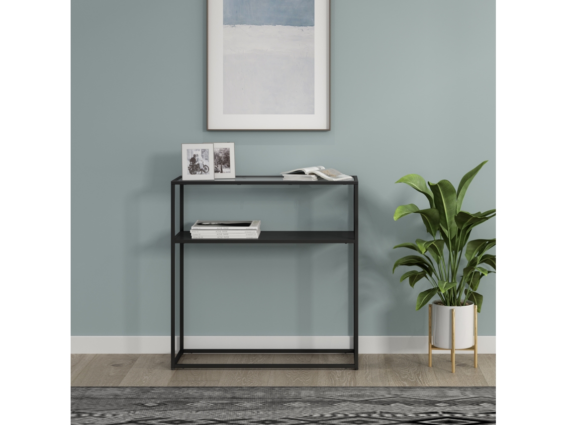 Mesa consola Kuhmo con estante adicional tablero de cristal templado/metal 80 x 80 x 30 cm Negro [EN.CASA]