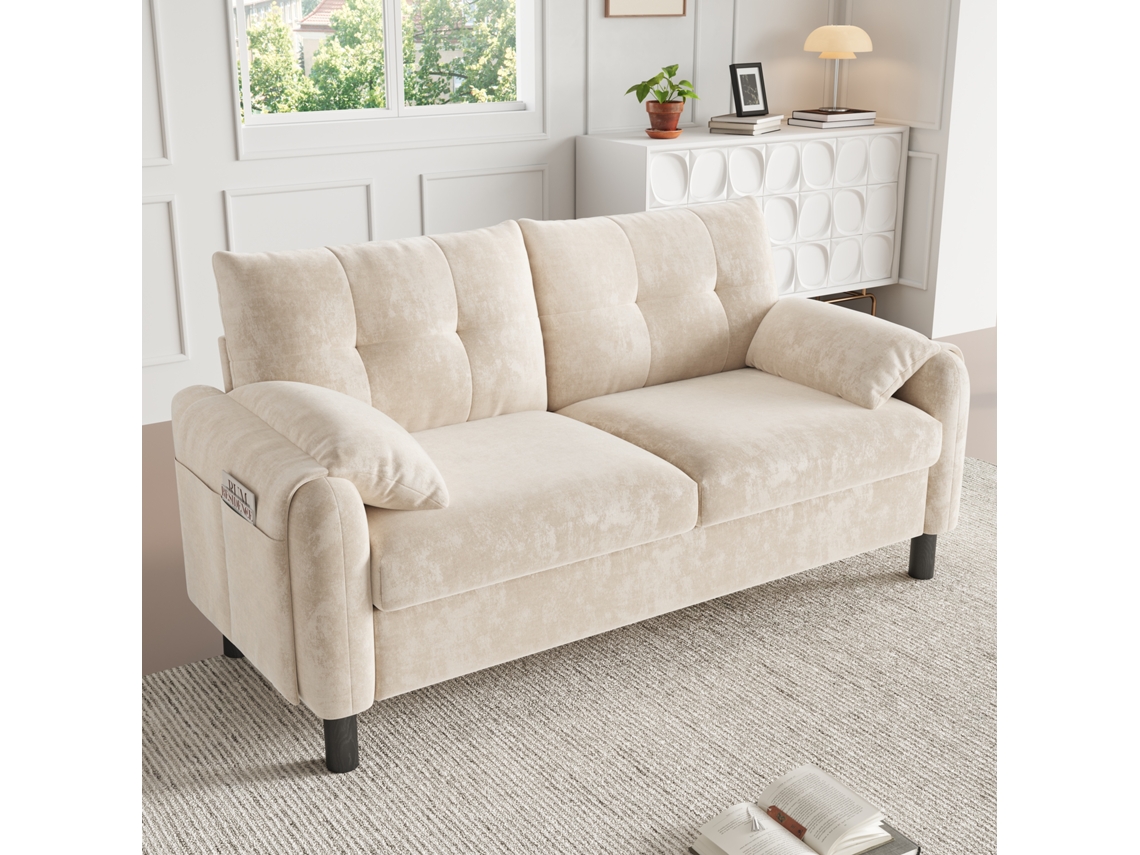 Moderno sofá de dos plazas, cómodo sofá de chenilla con cojines gruesos, beige, Mobrio
